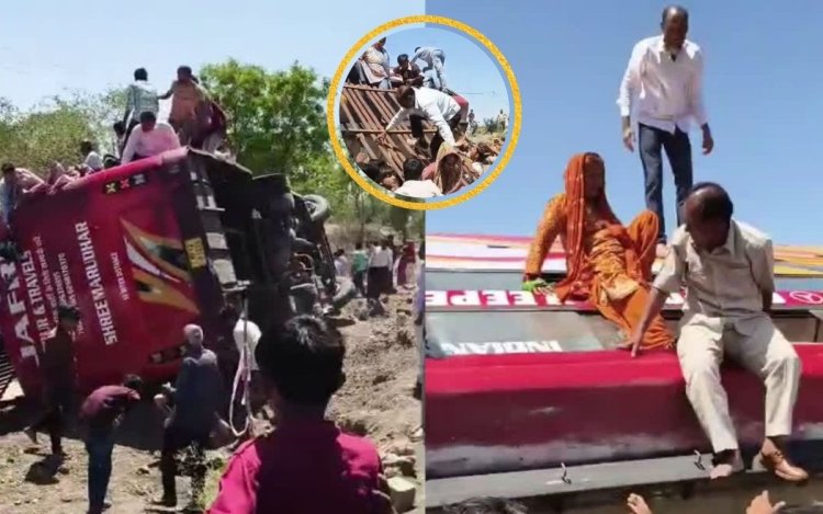उज्जैन में बारातियों से भरी बस पलटी, 18 घायल: ओवरटेक करने की कोशिश में बड़ा हादसा