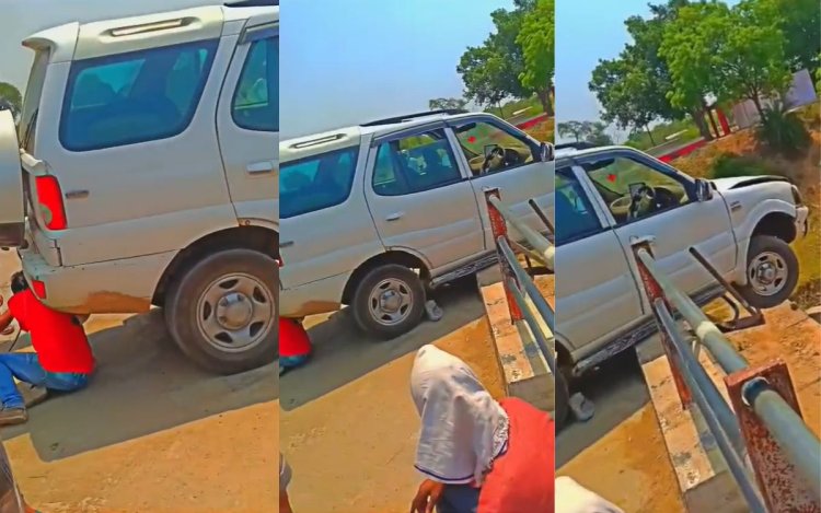 स्टंट करते समय अनियंत्रित हुई कार, रेलिंग तोड़कर हवा में लटकी सफारी