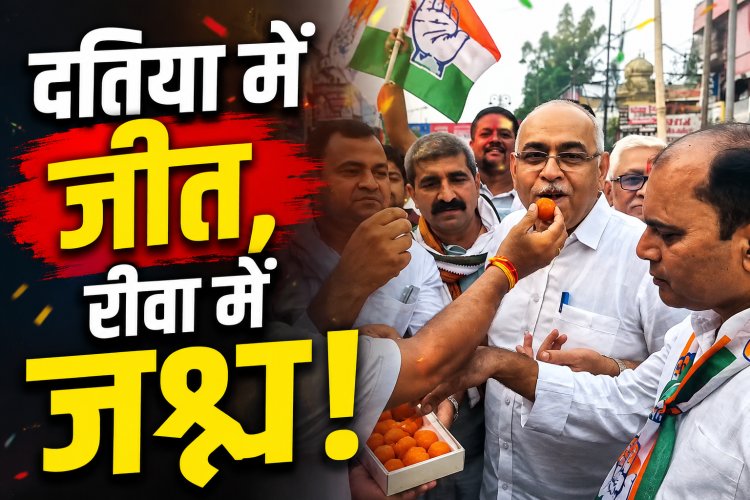 दतिया उपचुनाव जीत के बाद रीवा में कांग्रेस का जश्न, कार्यकर्ताओं ने बांटी मिठाई