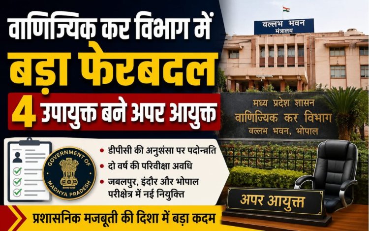 मध्य प्रदेश वाणिज्यिक कर विभाग में बड़ा प्रशासनिक फेरबदल, 4 उपायुक्त बने अपर आयुक्त