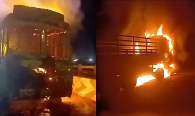Mauganj में भीषण हादसा: खड़ी बुलेट को ट्रक ने मारी टक्कर, दोनों वाहन बने आग का गोला